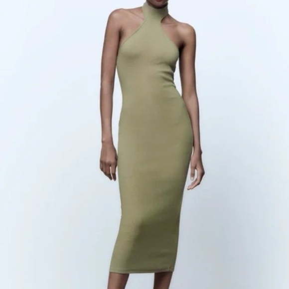 Zara Dresses & Skirts - Zara Women M Olive Green Stretch Sleeveless Halter Midi Bodycon Dress NWT